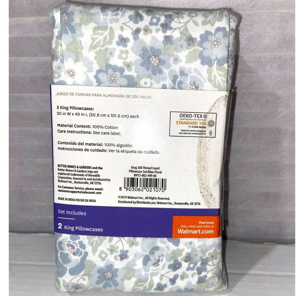 Better Homes Pillowcase King Beautiful Blue Floral Soft Cool Surface 100% Cotton - Picture 3 of 5